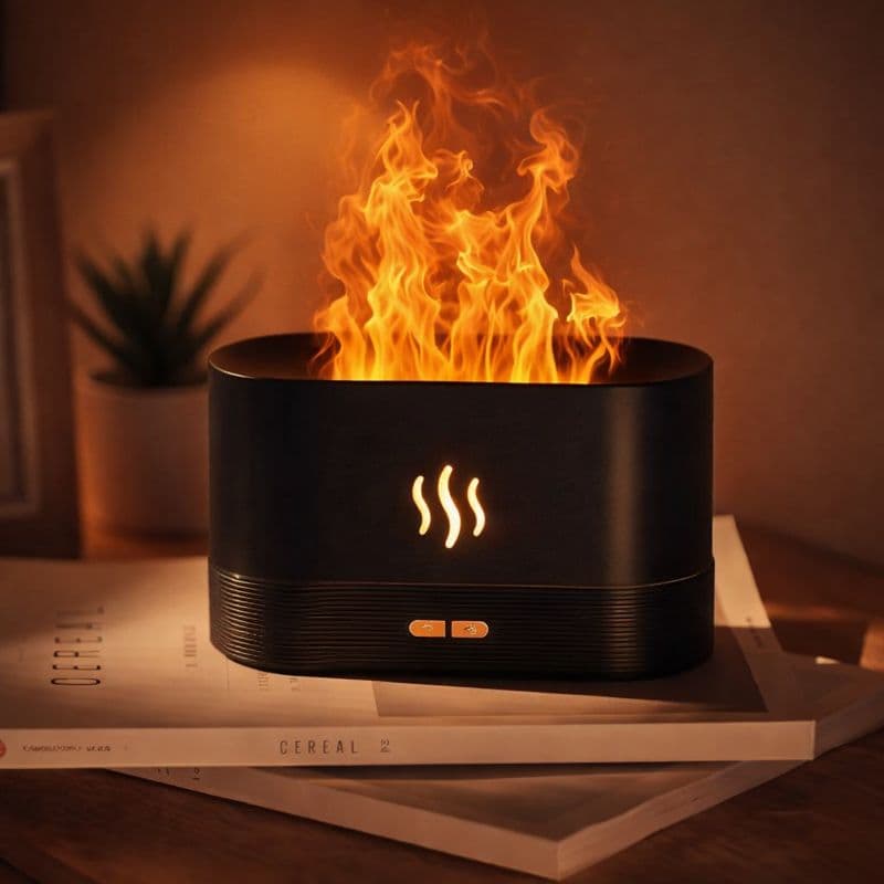 Nawilżacz powietrza z lampką LED – nocna lampka z efektem płomienia, aromatyczny dyfuzor, zasilanie USB, efekt ognia (flame effect).